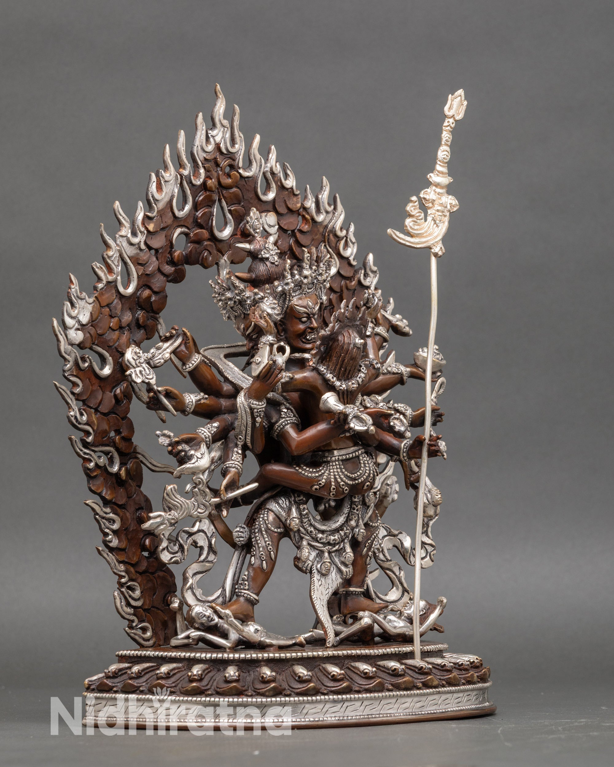 Side view Khorlo Demchog with Vajravarahi blazing halo tantric deity sculpture