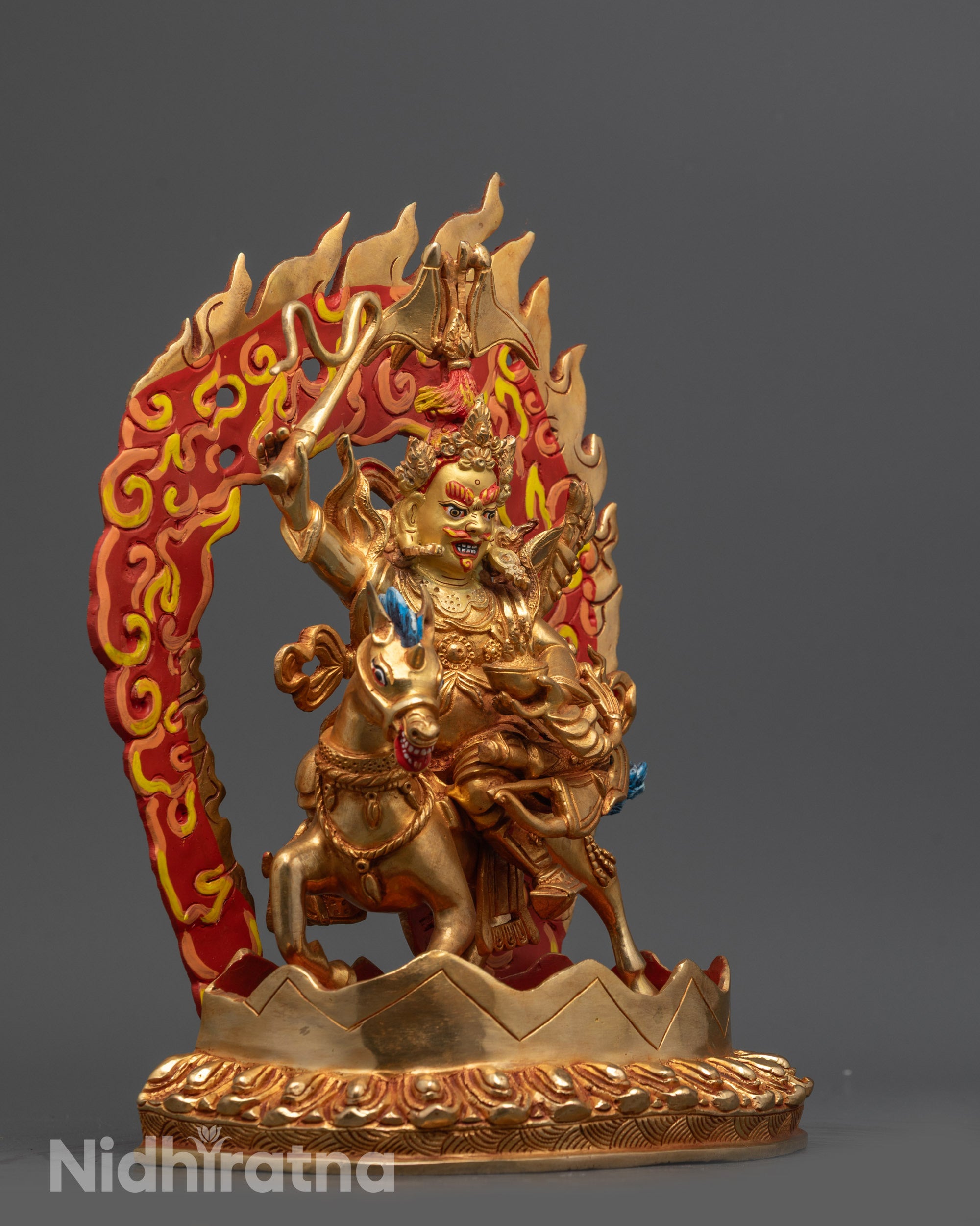 Side view King Gesar Statue on horse with dynamic posture and gold fire-gilded body
