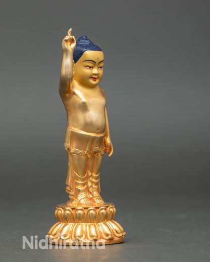 Side view Littel Buddha standing Buddha sculpture artisan-crafted copper with gold finish