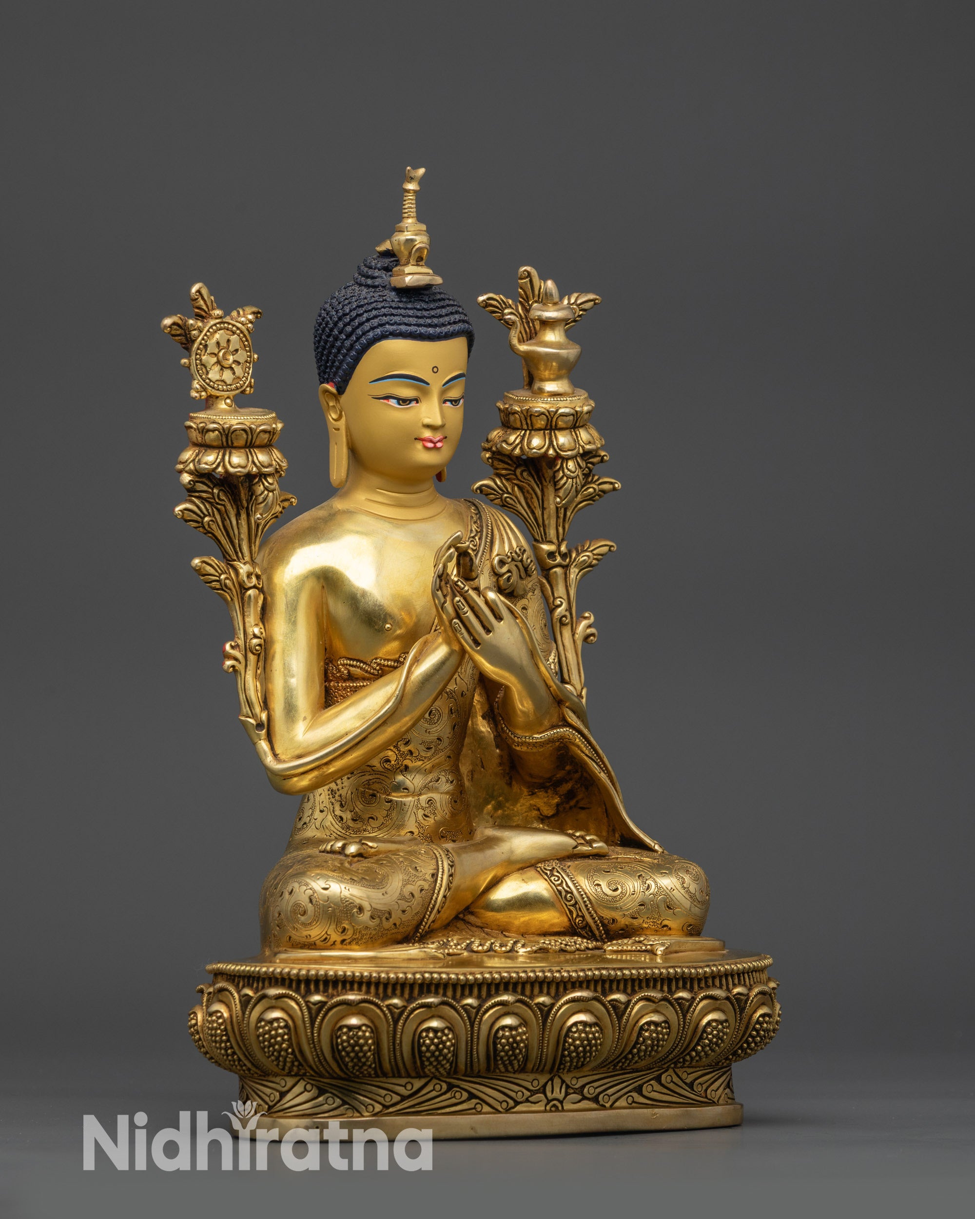Side view Maitreya Buddha robe with intricate motifs and detailed patterns