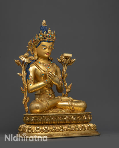 Side view Manjushri Bodhisattva Statue in dharmachakra mudra with gold fire-gilded base
