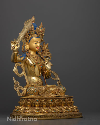 Side view Manjushri Bodhisattva sculpture copper robes intricate Newari artisan Nepal