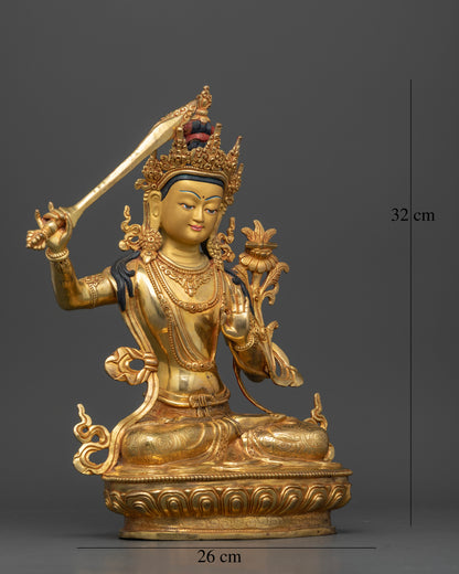 Side view Manjushri Buddha statue gold gilded copper robes detail Newari artisan Nepal