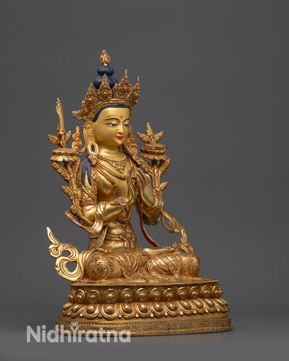 Side view Manjushri Statue holding utpala flower with Dharmachakra Mudra
