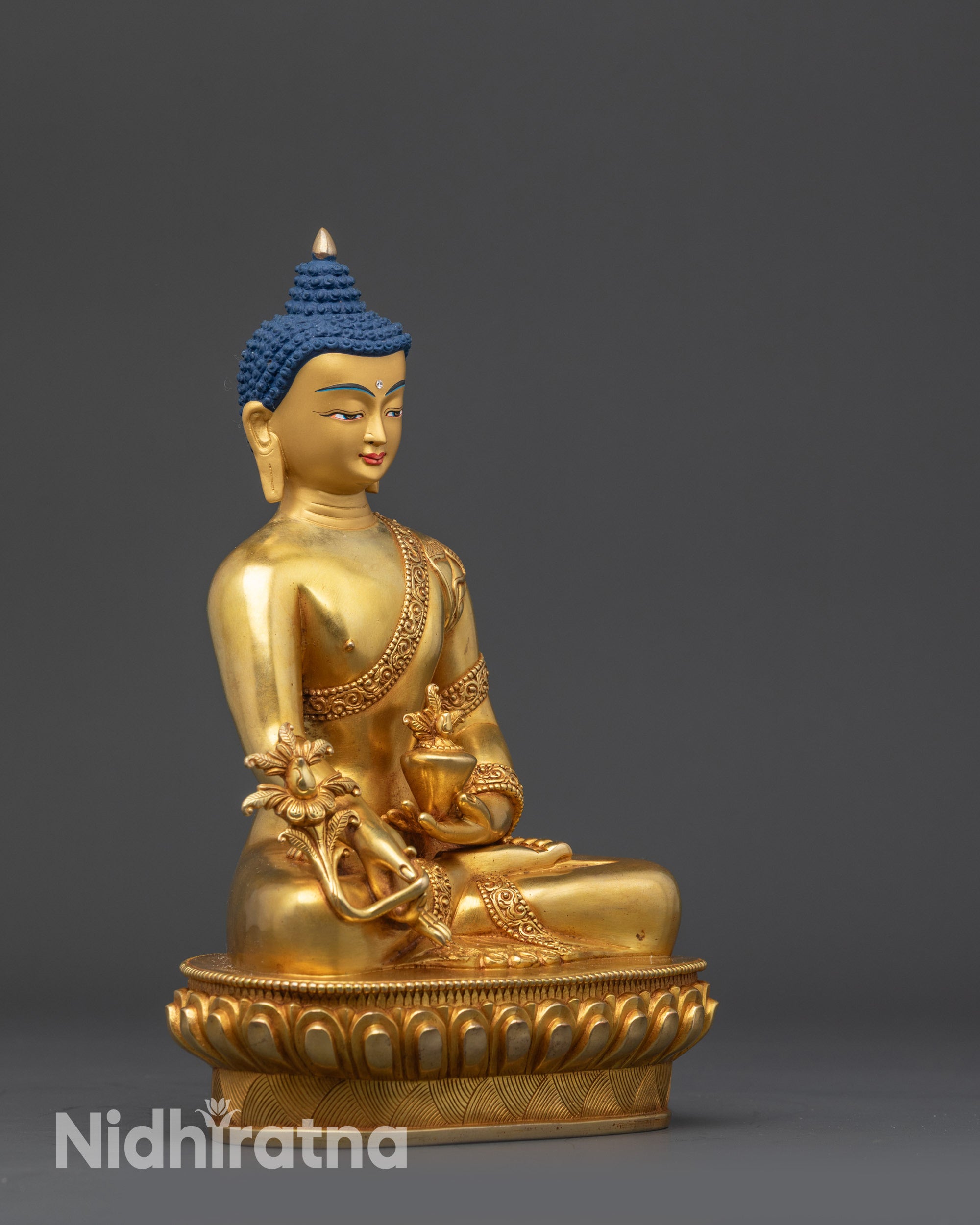 Side view Medicine Buddha holding nectar medicinal vase in Dhyana Mudra