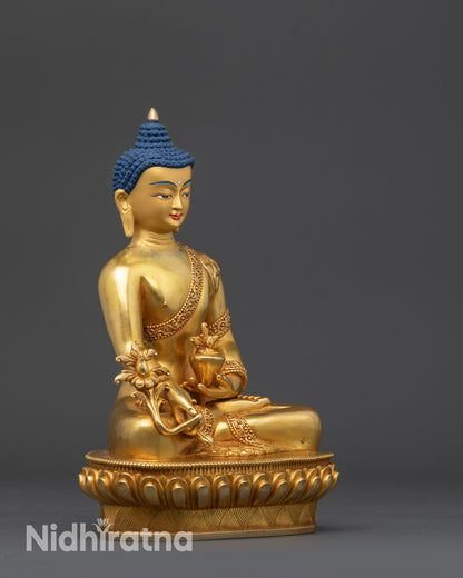 Side view Medicine Buddha holding nectar medicinal vase in Dhyana Mudra