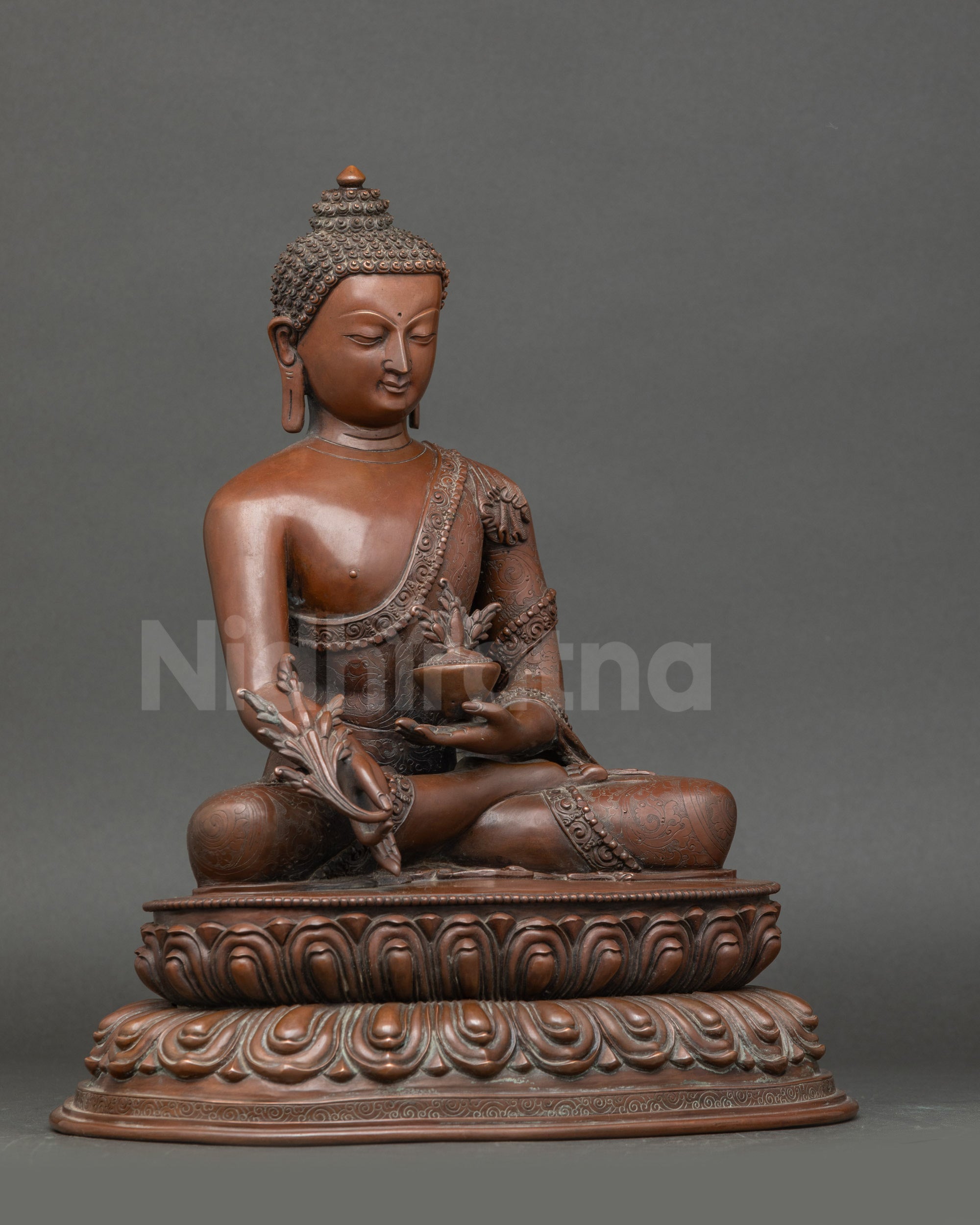 Side view Medicine Buddha statue, chemically oxidized Nepalese spiritual décor
