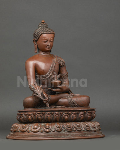 Side view Medicine Buddha statue, chemically oxidized Nepalese spiritual décor
