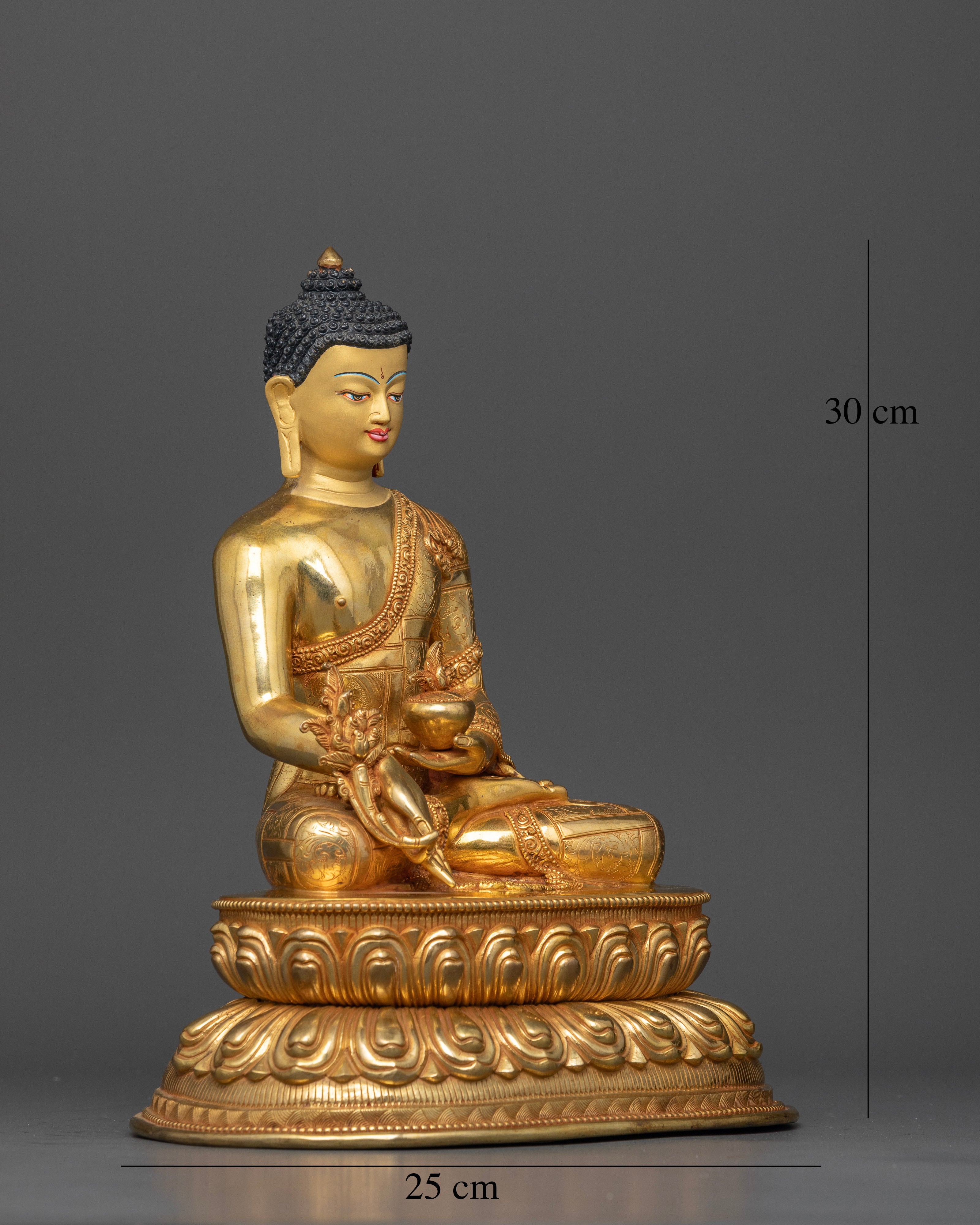 Side view Medicine Buddha statue copper robes detailed carvings Newari artisan Nepal