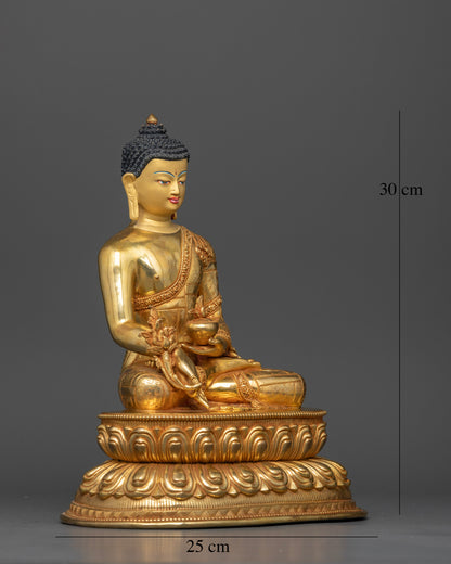 Side view Medicine Buddha statue copper robes detailed carvings Newari artisan Nepal