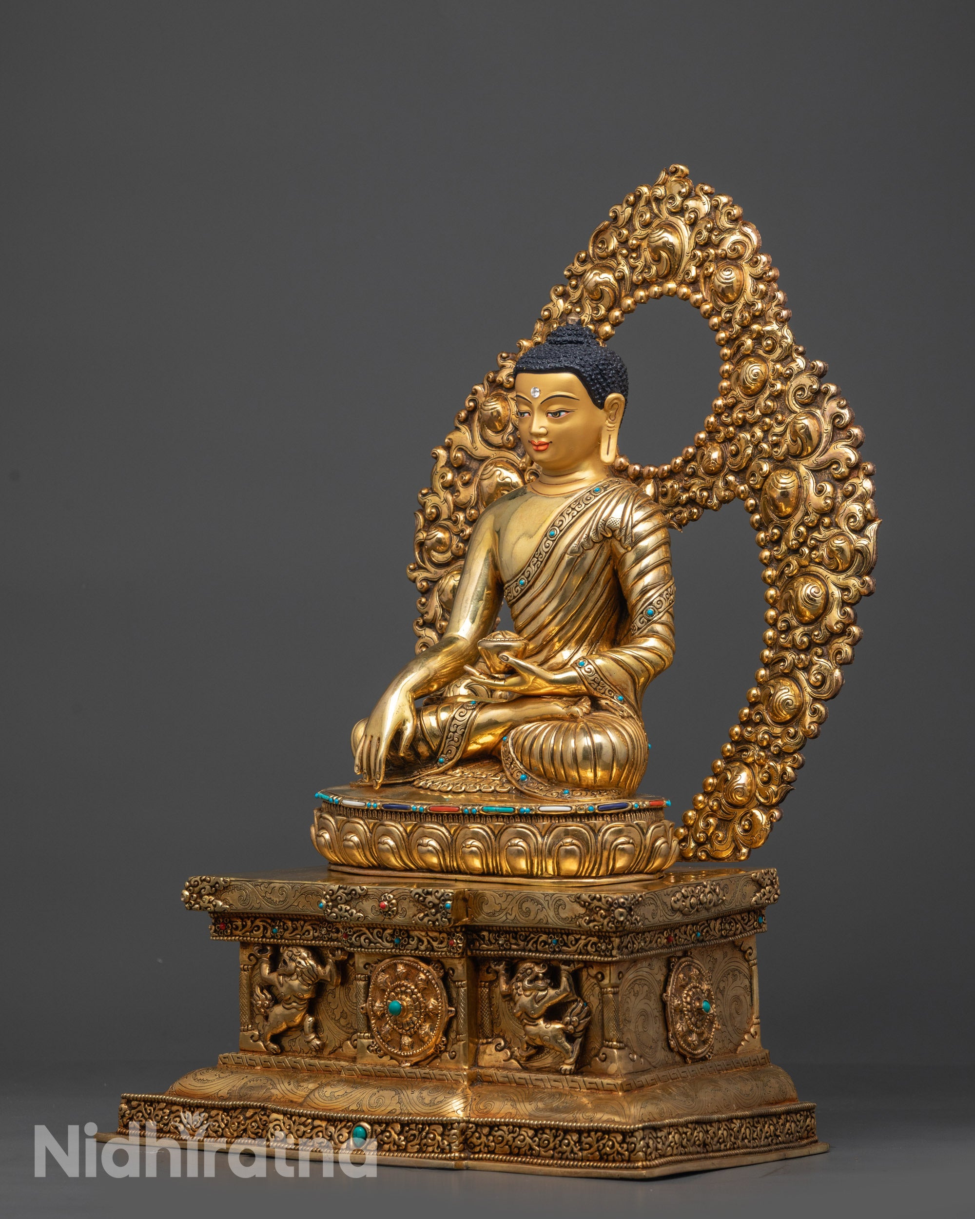 Side view Meditating Shakyamuni Buddha on lion throne with carved flower halo and robe