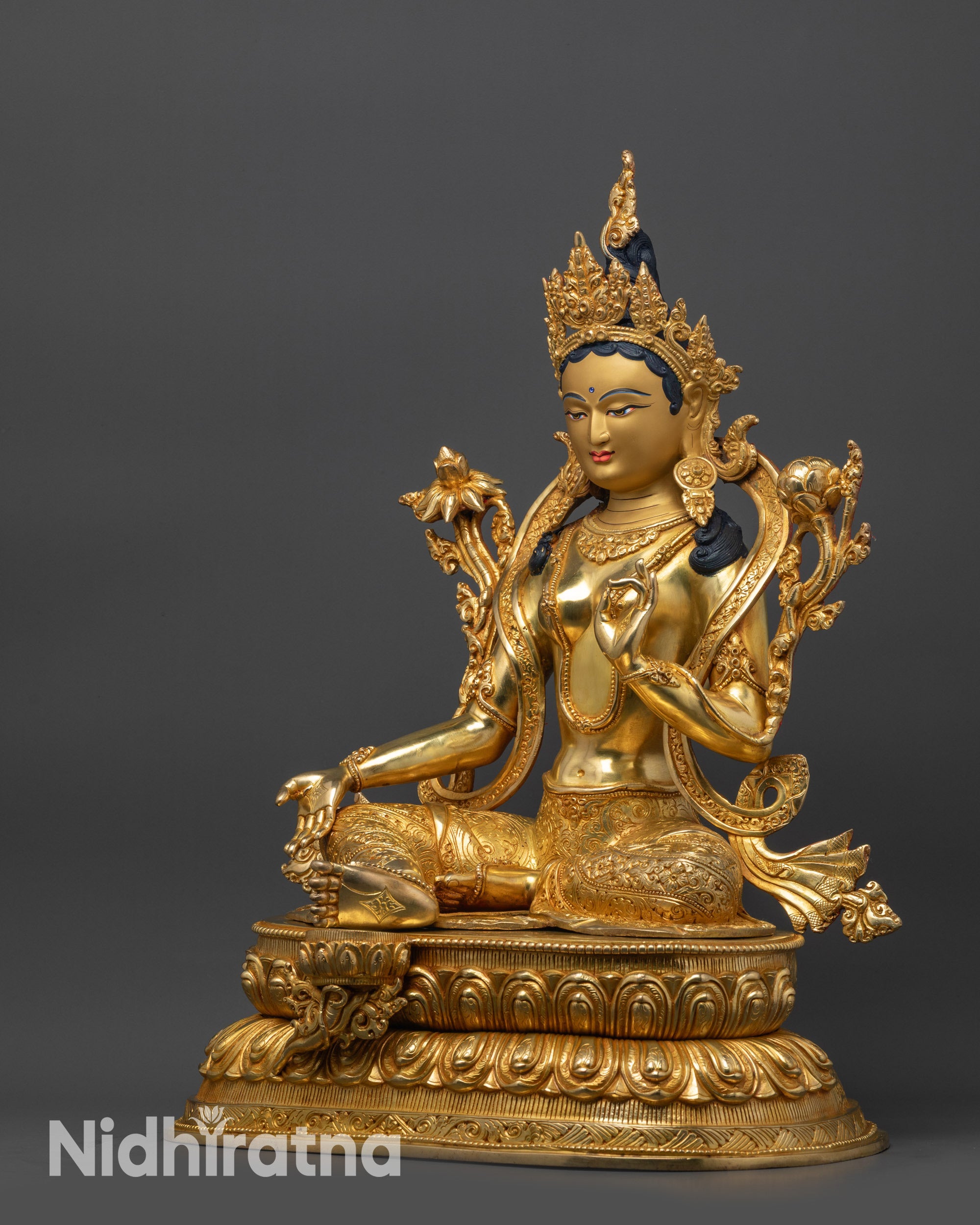 Side view Mother Tara Statue gold fire-gilded body on copper base lotus seat
