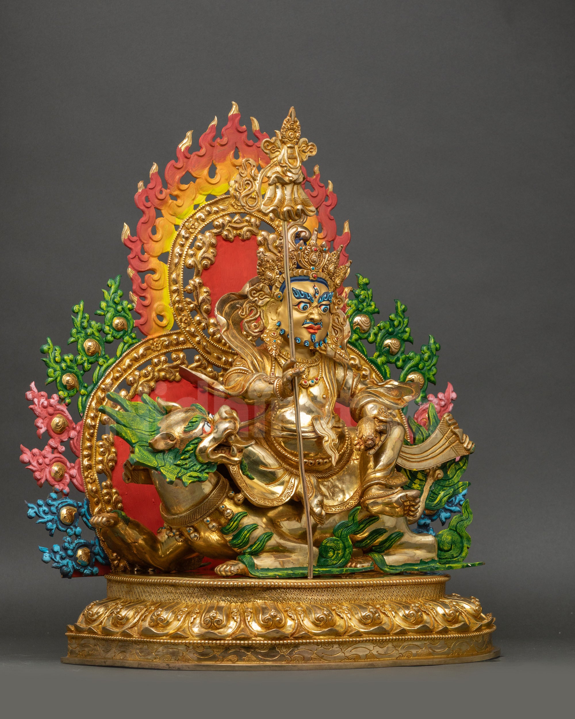 Side view Namatoshe gold-painted face flaming halo handcrafted Newari sculpture