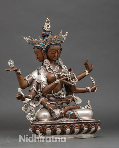 Side view Namgyalma statue – oxidized silver-plated copper Buddhist longevity goddess on lotus