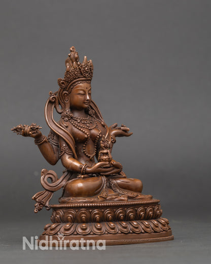 Side view Nepalese Prajnaparamita oxidized copper sculpture for spiritual altars