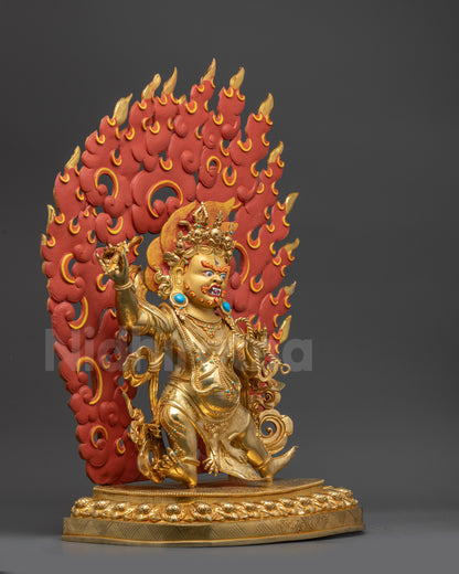 Side view Nepalese Vajrapani sculpture in dynamic dancing posture with halo