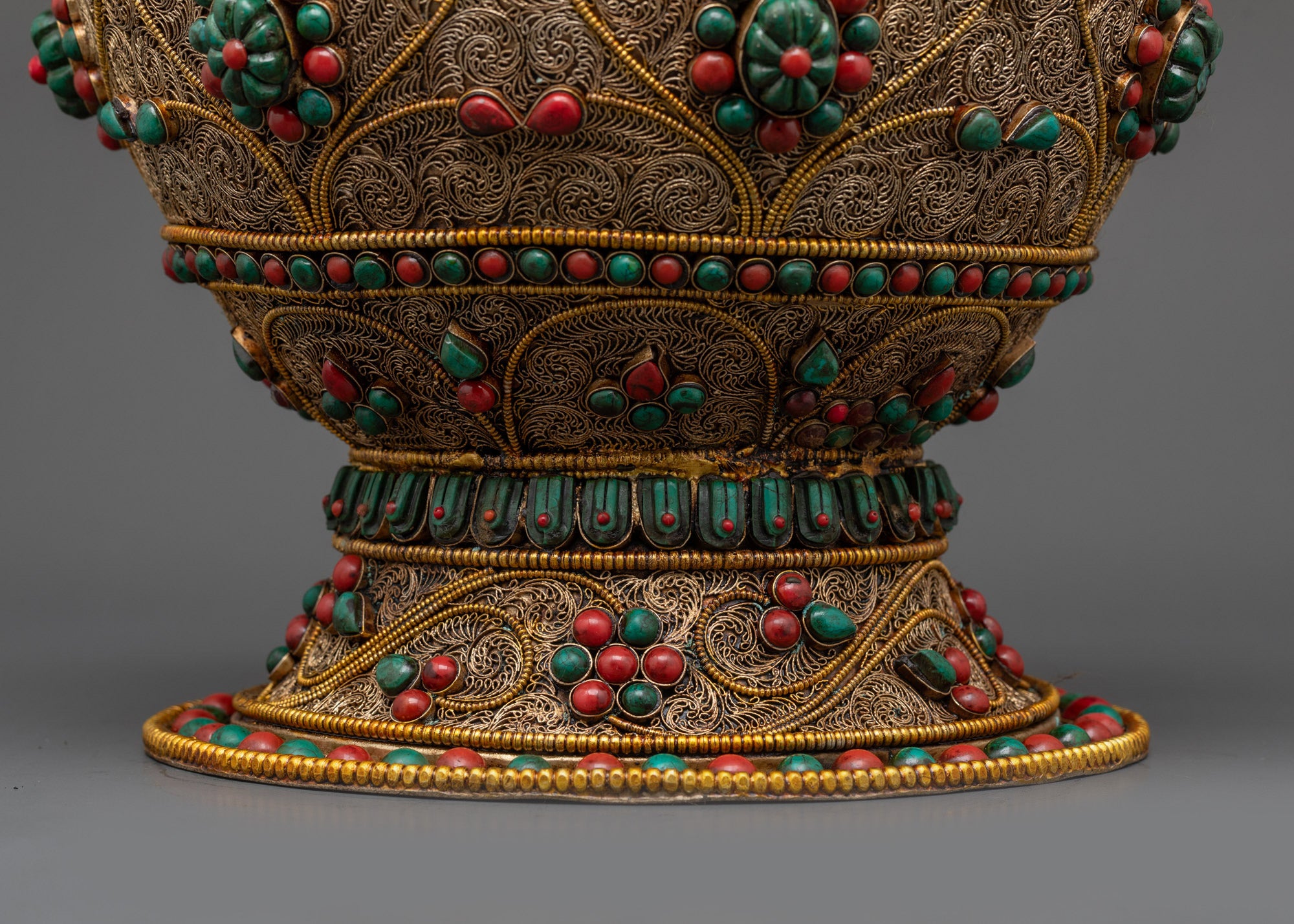 Side view Neshi Rice Pot displaying copper body with turquoise and coral gemstone accents