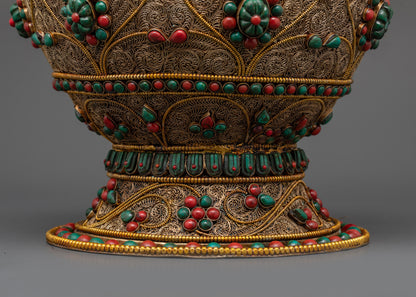 Side view Neshi Rice Pot displaying copper body with turquoise and coral gemstone accents