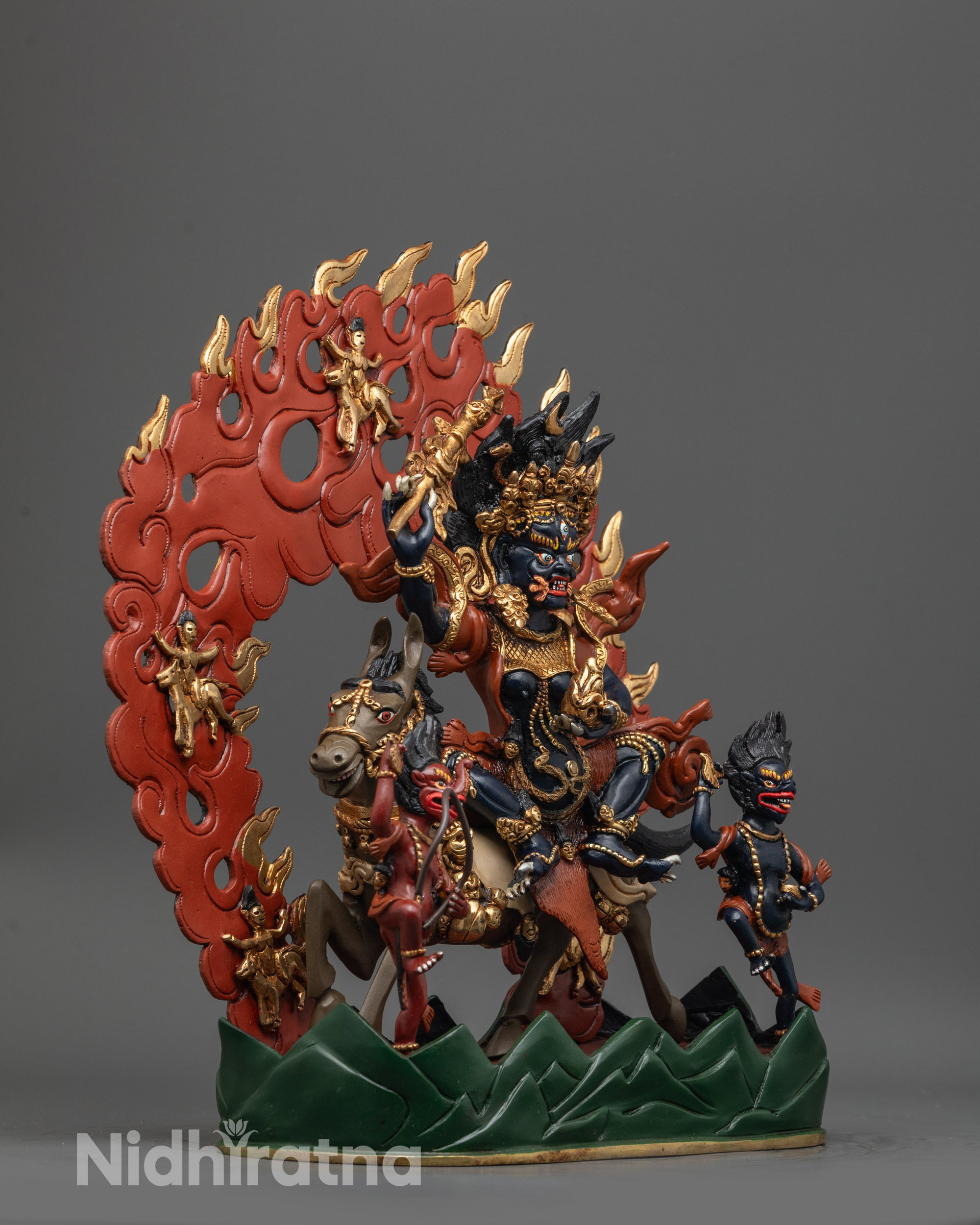 Side view Palden Lhamo Statue seated on gold-plated mule with blazing halo
