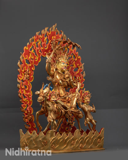 Side view Palden Lhamo statue holding skullcup and staff with mule and attendants