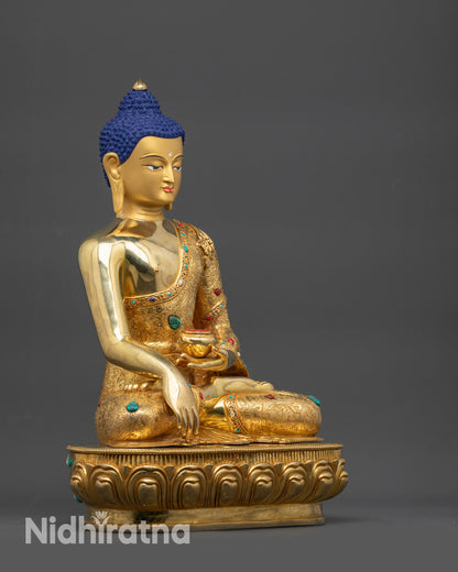 Side view Premium Lord Buddha Shakyamuni Statue seated on lotus base
