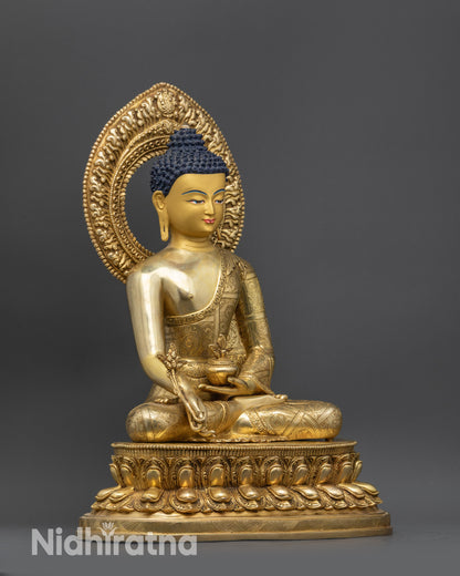 Side view Premium Medicine Buddha holding healing alms bowl and myrobalan stem
