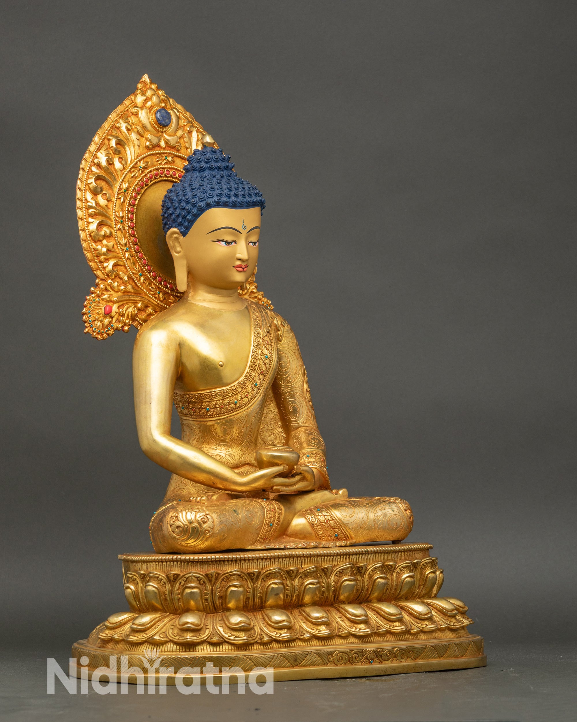 Front view Pure Gold Amitabha Buddha statue seated on a lotus base, handcrafted in Nepal