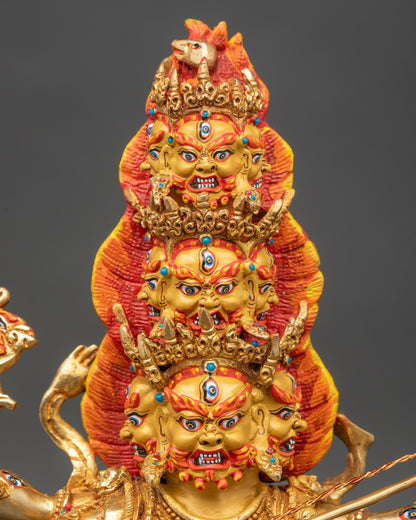 Side view Rahula statue naga body nine wrathful heads copper gold tantric protector