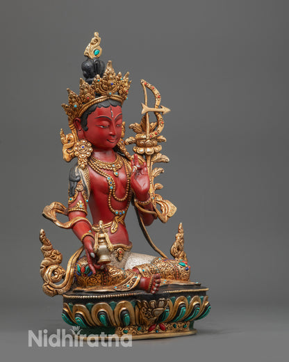 Side view Red Tara Statue holding utpala stem and vase with lotus flower beside shoulder