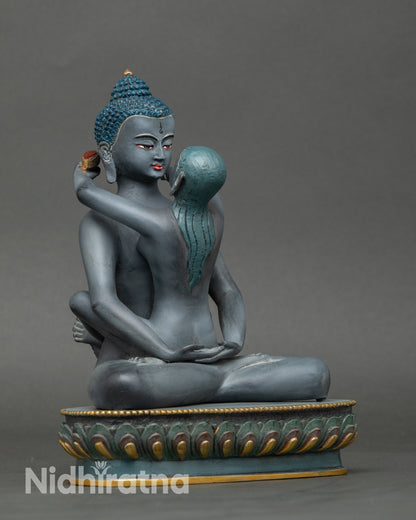 Side view Samantabhadra and Consort statue, seated on lotus moon disc, gold-gilded base