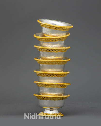 Side view Seven Water Offering Bowls, traditional Himalayan copper ritual vessel