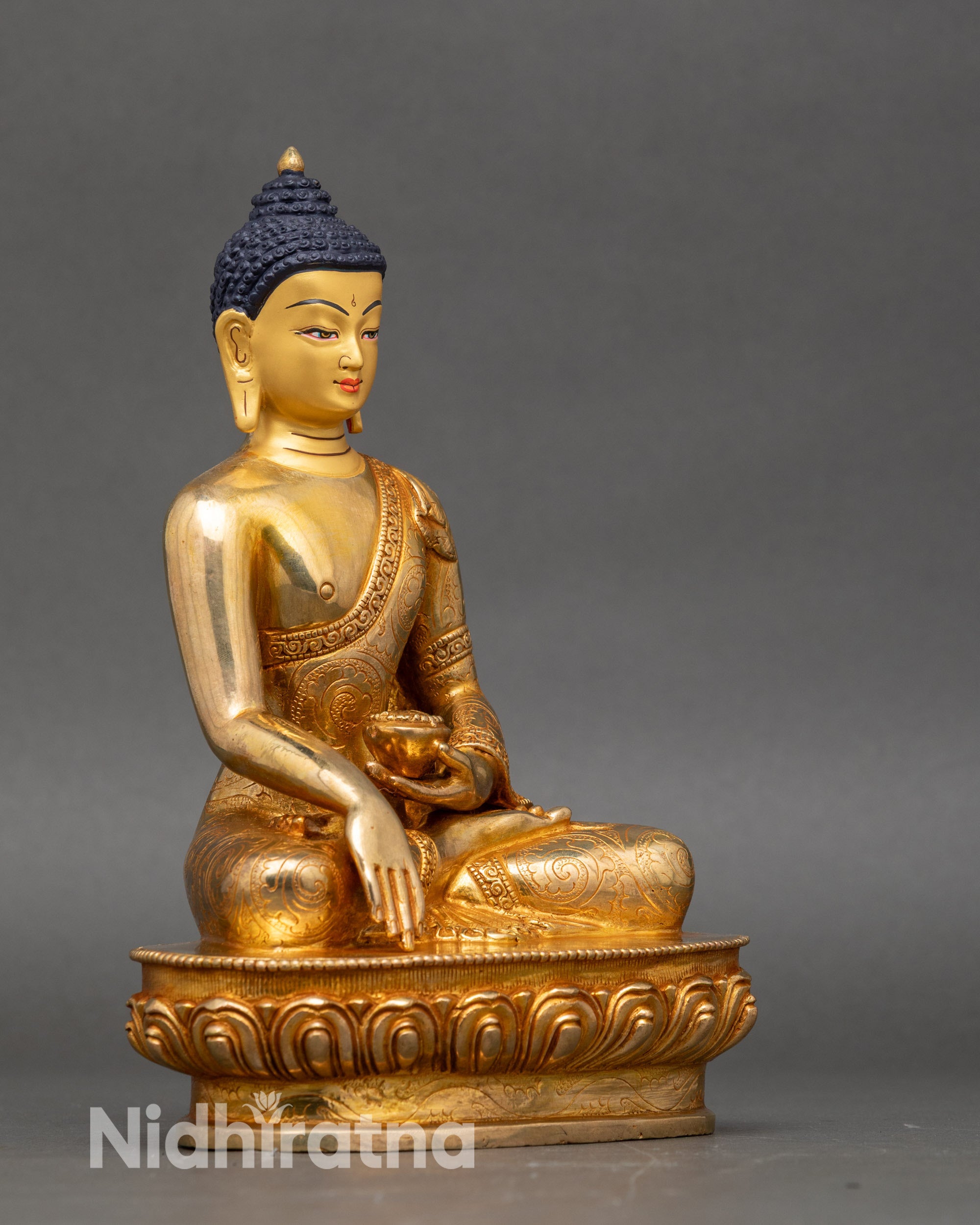 Side view Shakyamuni Buddha – Bhumisparsha Mudra with patra bowl and intricate robe folds