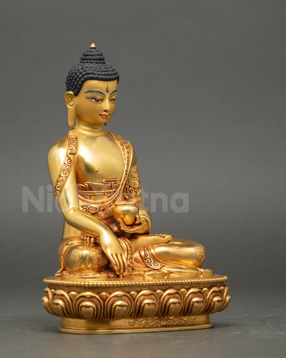 Side view Shakyamuni Buddha earth touching mudra copper gold meditation statue
