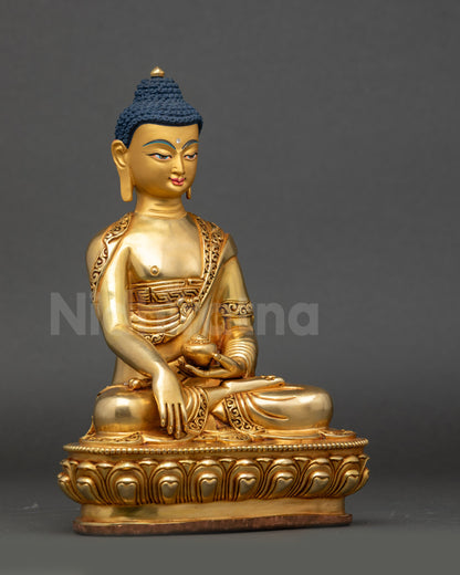 Side view Shakyamuni Buddha in vajra posture holding alms bowl, meditation statue