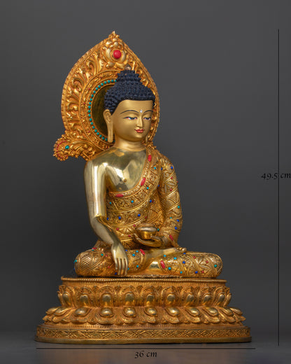 Side view Shakyamuni Buddha sculpture Bhumisparsha Mudra begging bowl Himalayan art
