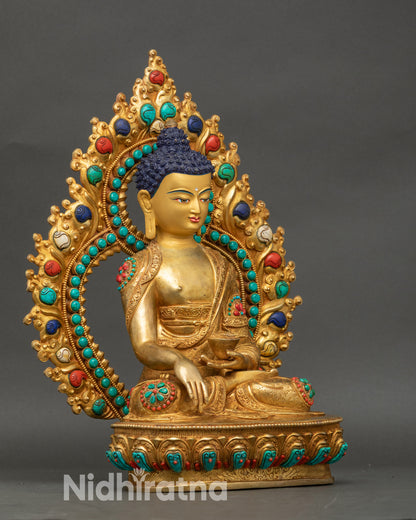 Side view Shakyamuni Buddha seated vajra position lotus throne Nepalese craftsmanship
