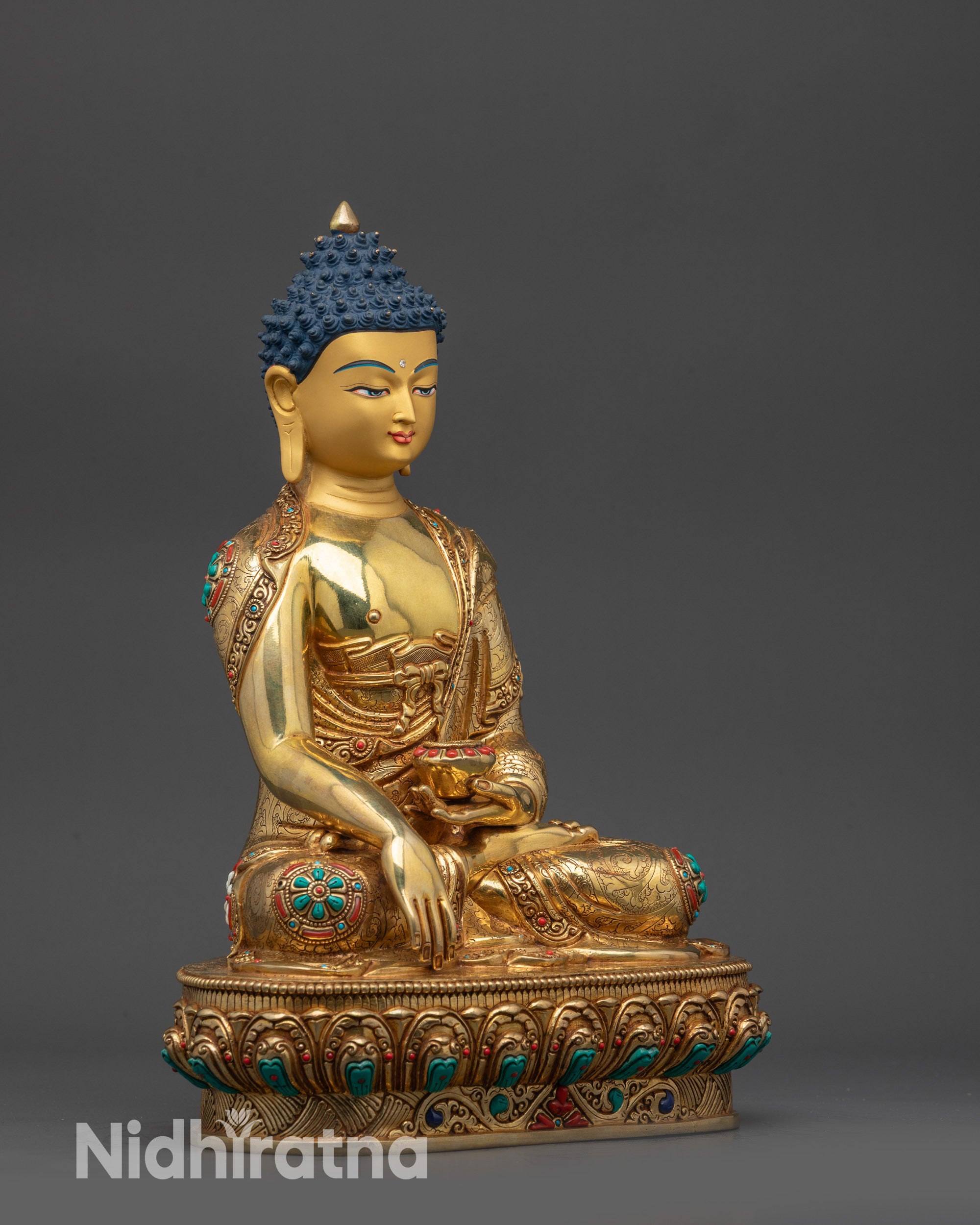 Side view Shakyamuni Buddha showing Bhumisparsha mudra and dhyana mudra hands