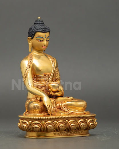 Side view Shakyamuni Buddha statue earth-touching mudra copper gold Nepalese craftsmanship