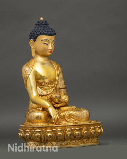 Side view Shakyamuni Buddha statue earth-touching mudra holding patra bowl sacred decor