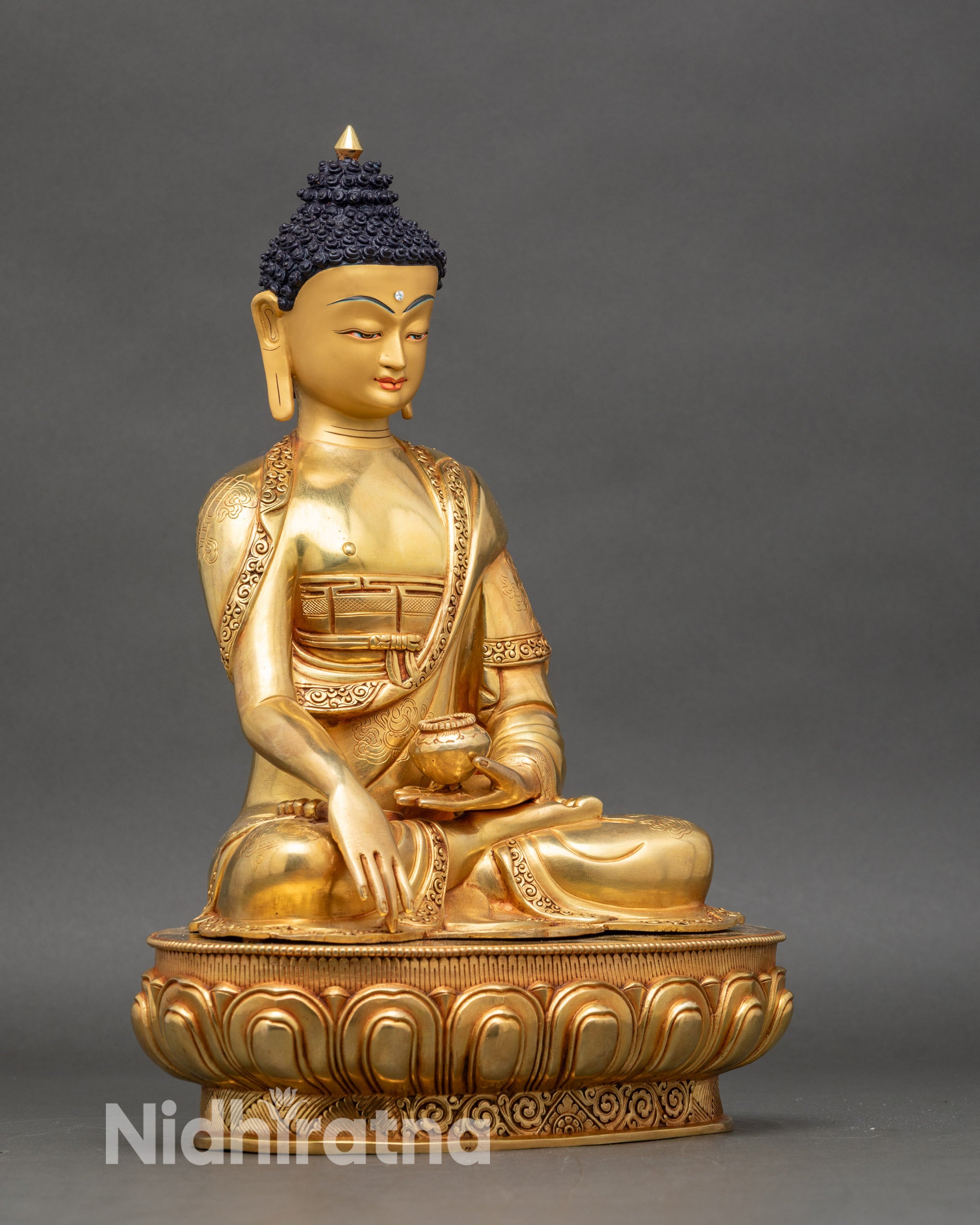 Side view Shakyamuni Buddha statue lotus base Patra bowl earth touching mudra copper Buddhist art