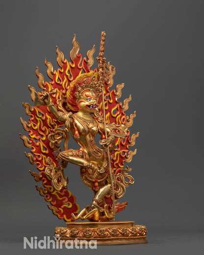 Side view Simhamukha Statue holding skull cup and curved flying knife on lotus seat
