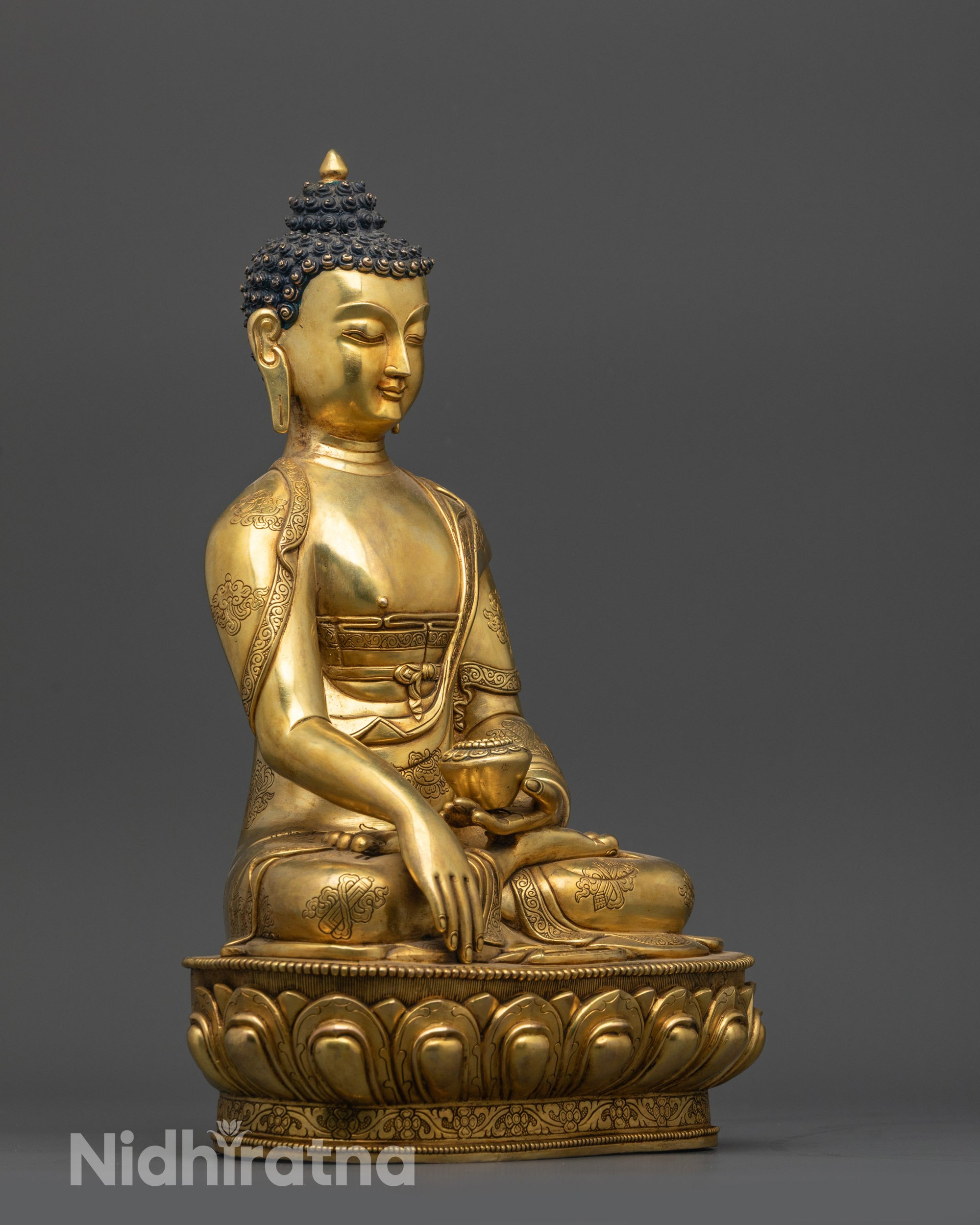 Side view Smooth Shakyamuni Buddha Statue with gold fire gilded monk’s robes
