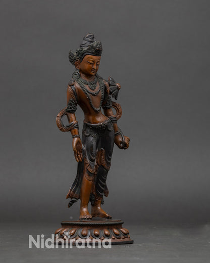 Side view Standing Chenrezig statue with varada mudra and detailed floral carvings