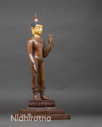 Side view Standing Maitreya Buddha sculpture oxidized copper future Buddha statue Himalayan art