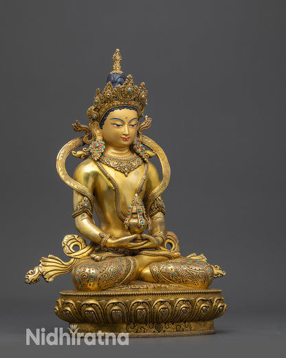 Side view Tibetan Amitayus Sculpture showing flowing robe and detailed carvings