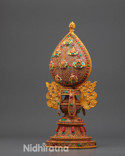 Side view Tibetan Ashtamangala highlighting copper base and symbolic Auspicious Symbols

