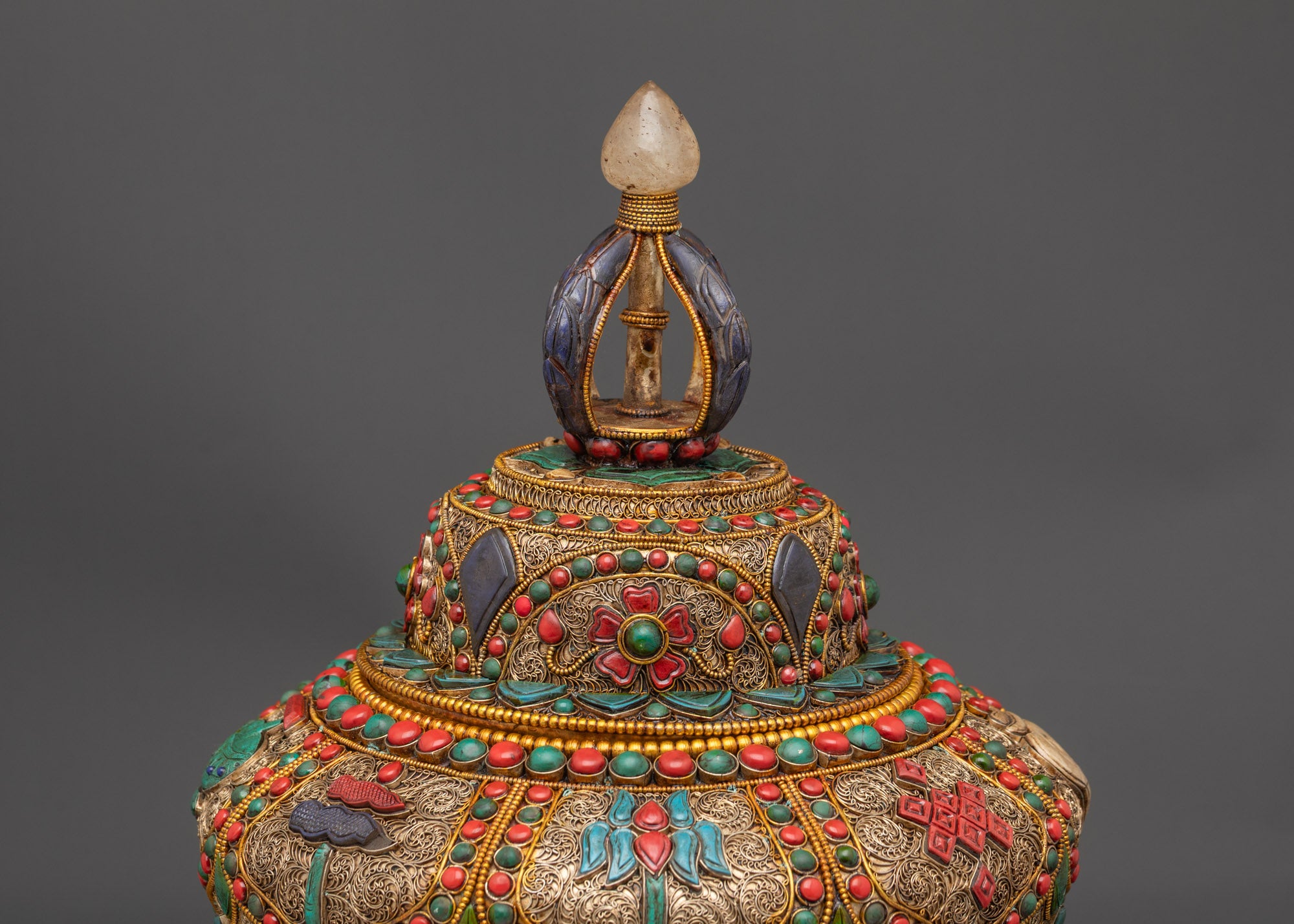 Side view Tibetan Auspicious Rice Pot highlighting copper body and lid with lapis lazuli
