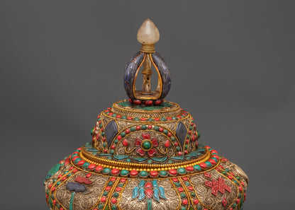Side view Tibetan Auspicious Rice Pot highlighting copper body and lid with lapis lazuli
