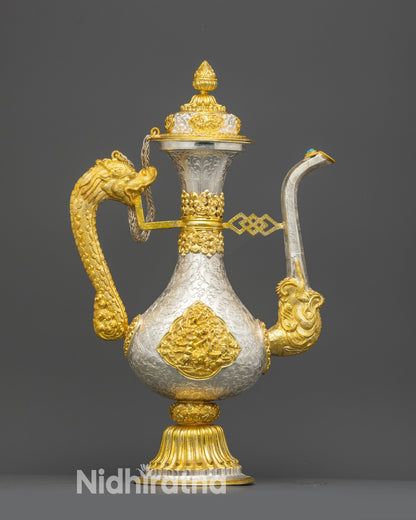 Side view Tibetan Buddhist offering tea pot with gold plated deities