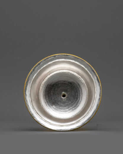 Side view Tibetan Butter Lamp Set with semi-precious stone-adorned pedestals